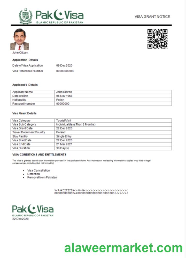 Pakistan e-visa in Word and PDF template